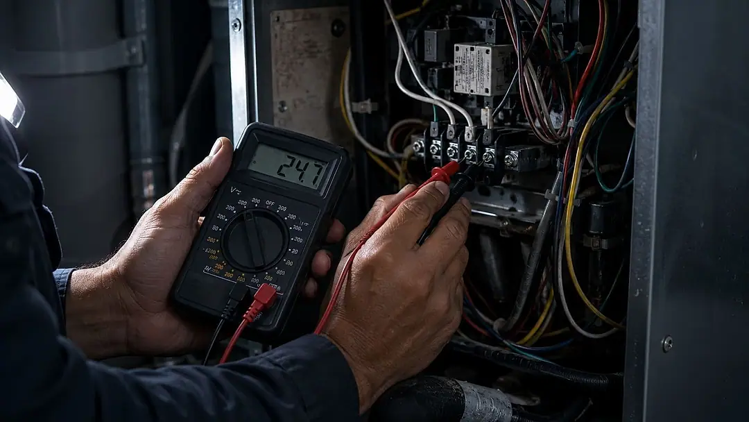 A technician testing electrical components inside an HVAC unit with a multimeter.